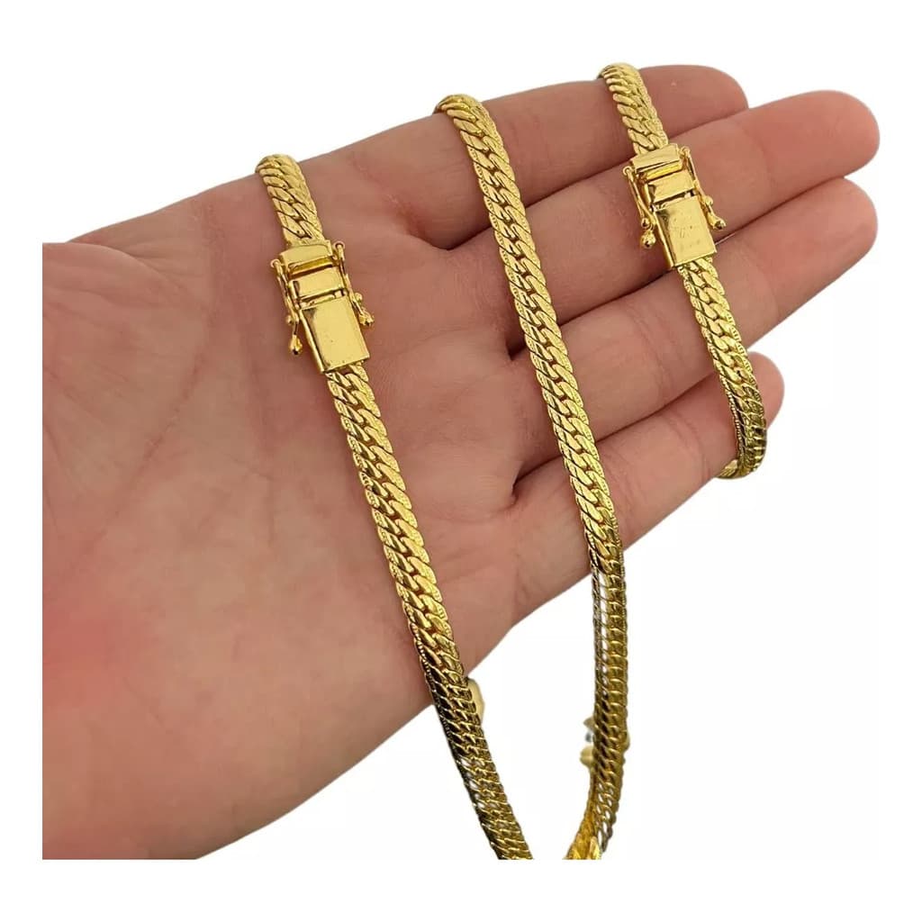 Corrente + Pulseira 6mm Masculino Banhado A Ouro 18k