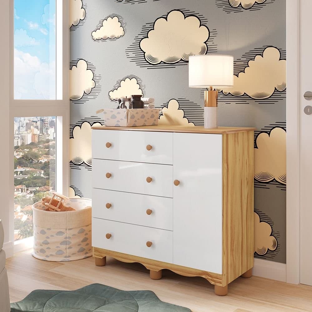 Cômoda Infantil 1 Porta 4 Gavetas 100% MDF Mimo Espresso Móveis Branco Brilho/Amêndoa