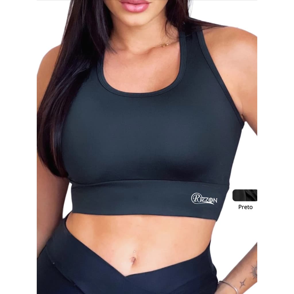 Top Feminino Academia Suplex Alta Sustentação Plus Size P ao G3 Preto Mescla