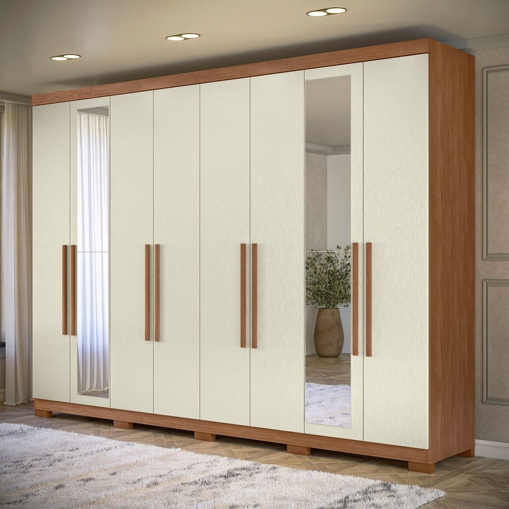 Guarda-roupa 8 Portas 4 Gavetas Master New com Espelho e Pés Jatoba/Areia