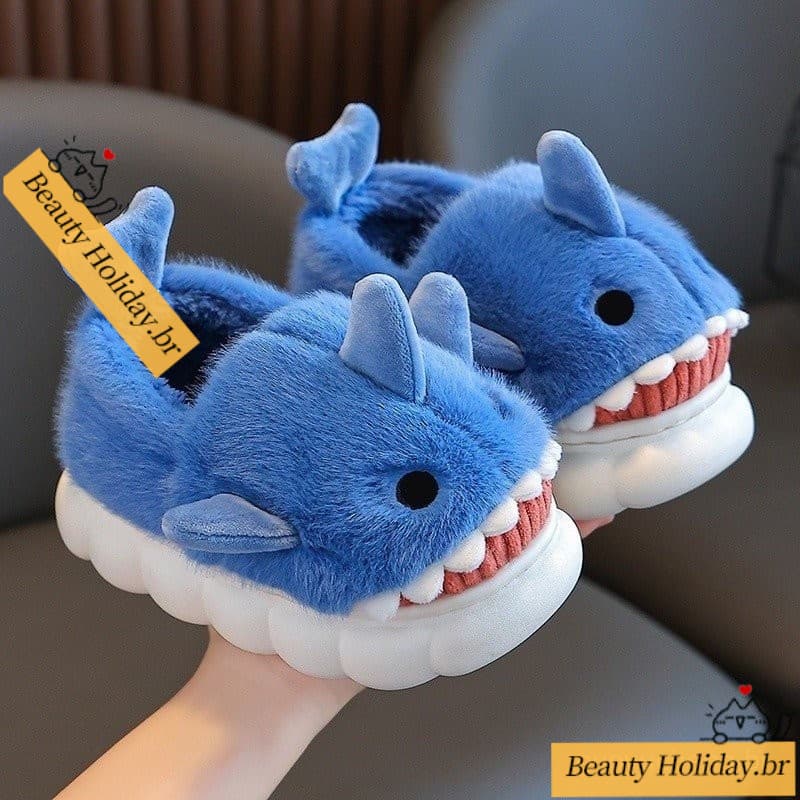 Chinelos de Inverno Quentes Antiderrapantes para Meninos e Meninas Confortáveis, Chinelos de Tubarão de Desenho Animado
