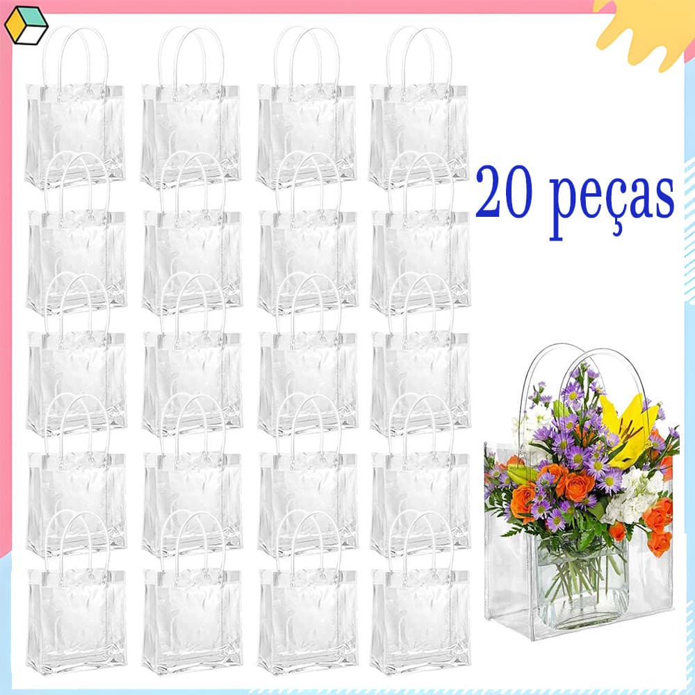 20 peças de sacos de presente de plástico transparente com alças PVC reutilizáveis, 16x15x7 cm para festa de aniversário