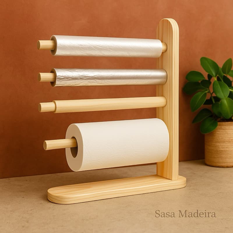 Suporte Porta Rolos em Madeira Pinus Artesanal • Papel Toalha, Filme PVC e Alumínio