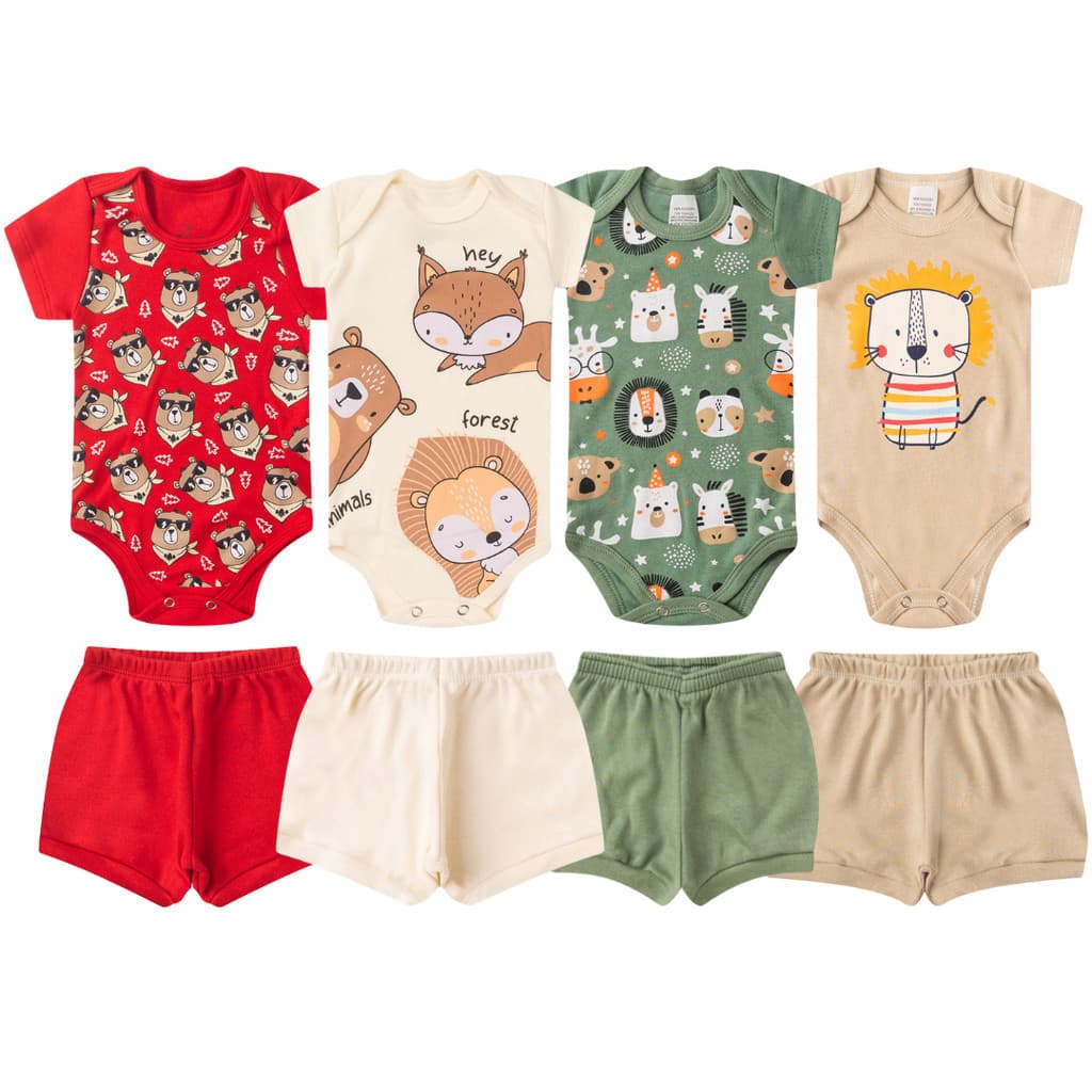 Kit Bebê Menino 4 Peças Verão Premium | 2 Conjuntos Body + Short | Algodão Macio | P ao GG