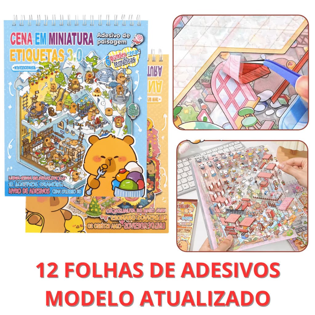 Livro Interativo Adesivos 3d 8 Cenários para montagem + Pinça - Caderno para Montar e Decorar