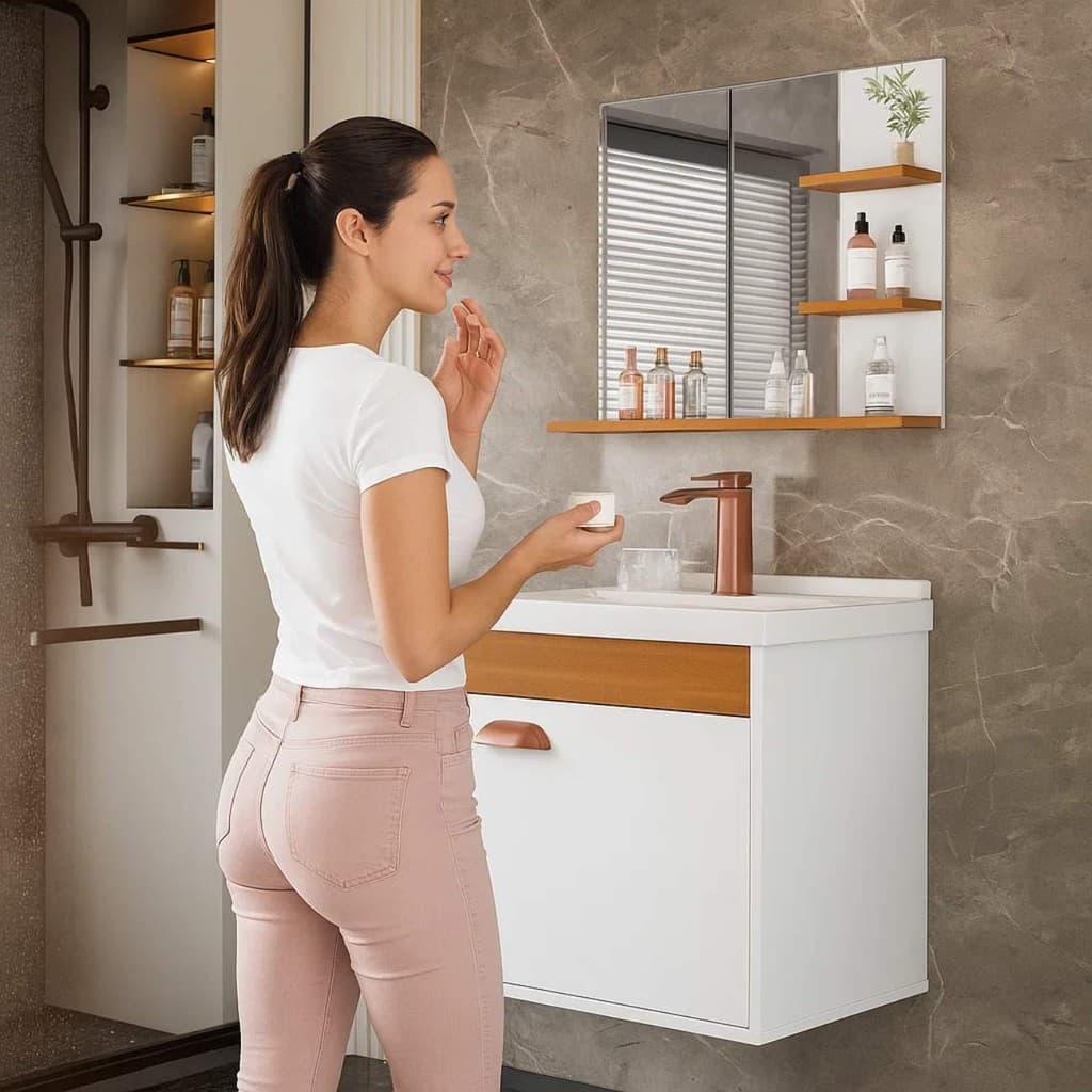 Kit Banheiro Gabinete Suspenso com Espelho e Cuba Embutida Compacto Conjunto Armario Pia Espelheira