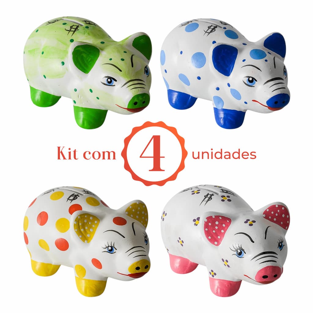 Kit 4 Cofrinho Porquinho Faiança Pintado Mao Quebra Guardar Moedas Dinheiro Cores Variadas Decoração