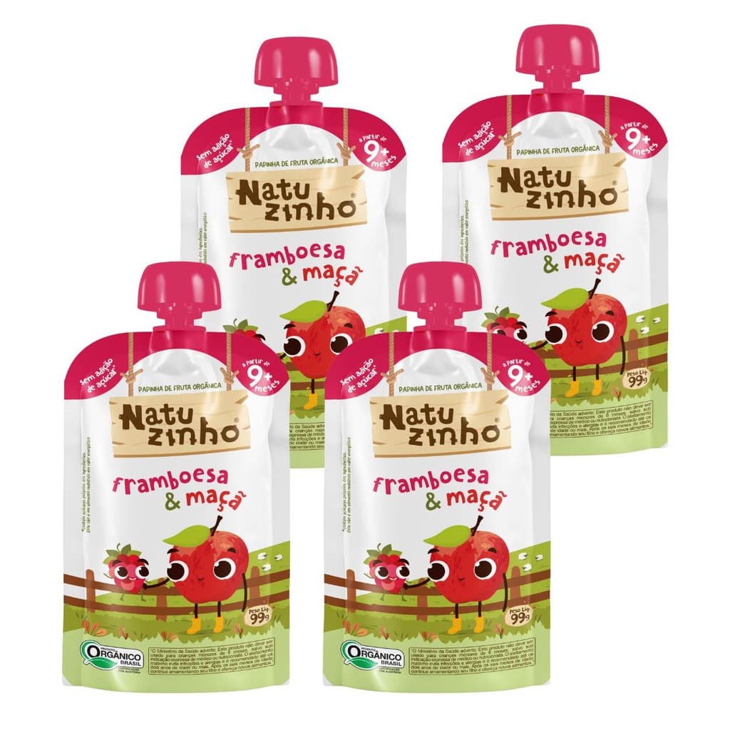 Kit Papinha Organica Natuzinho Framboesa Maça Bebe 4 unid