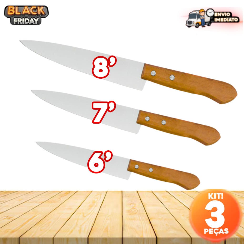 Kit 3 Facas de Aço Inox com Cabo de Madeira – N°8, N°7 e N°6 – Corte Preciso e Durabilidade para Sua Cozinha