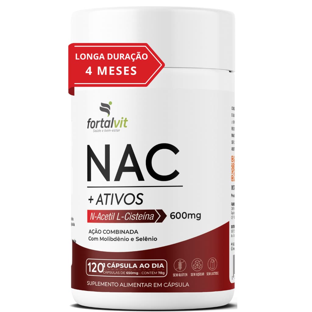 NAC 600mg 120 Cápsulas 4 Meses de Uso, Longa Duração 2x Mais, com Molibdênio e Selênio, Fortalvit