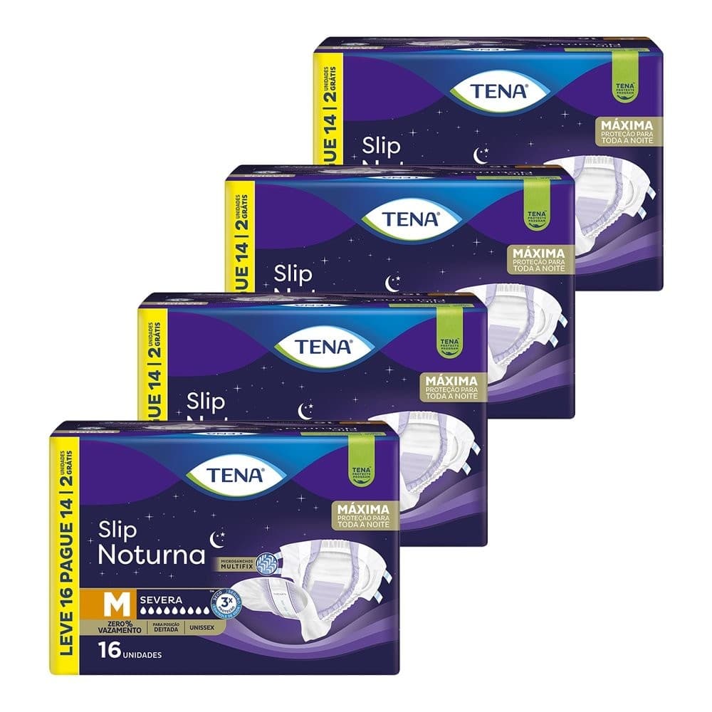 Fralda Descartável Adulto Tena Slip Noturna Leve 16 Pague 14 - 4 Pacotes com 16 Fraldas - Total 64 Tiras