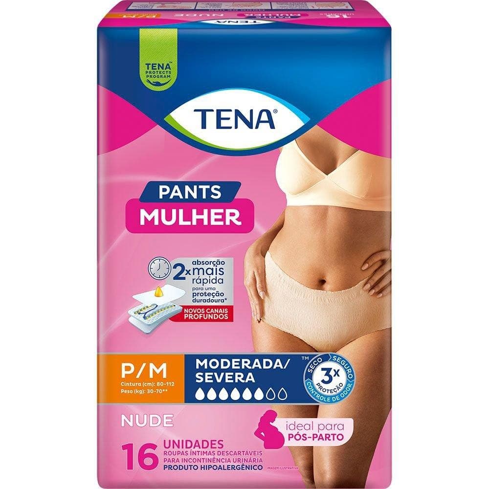 Calcinha Descartável Roupa Íntima Tena Pants Mulher Nude P/M 16 Unidades