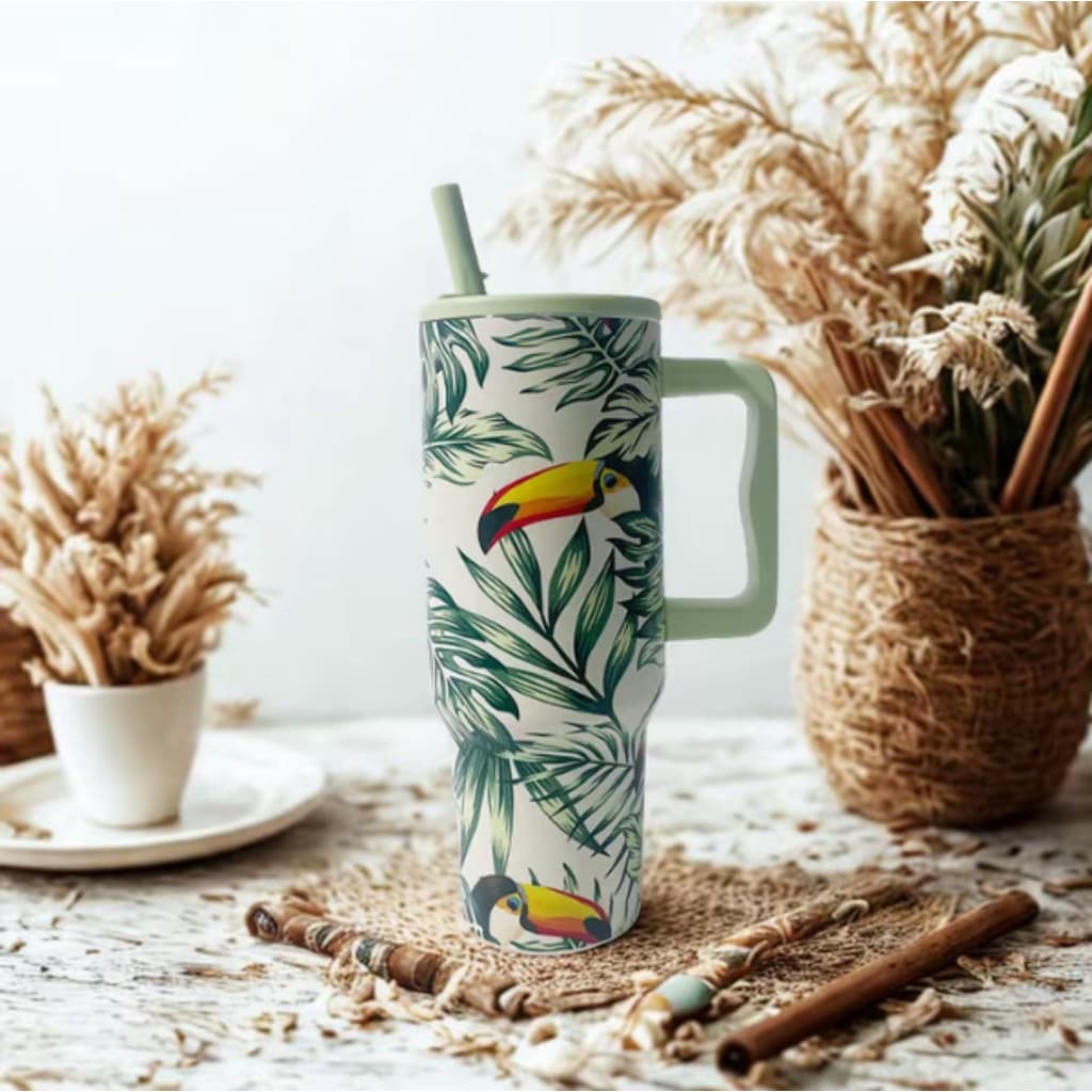 Copo Térmico 1200ml Fauna Tropical Inox com Tampa e Canudo Reutilizável – Estilo Verão