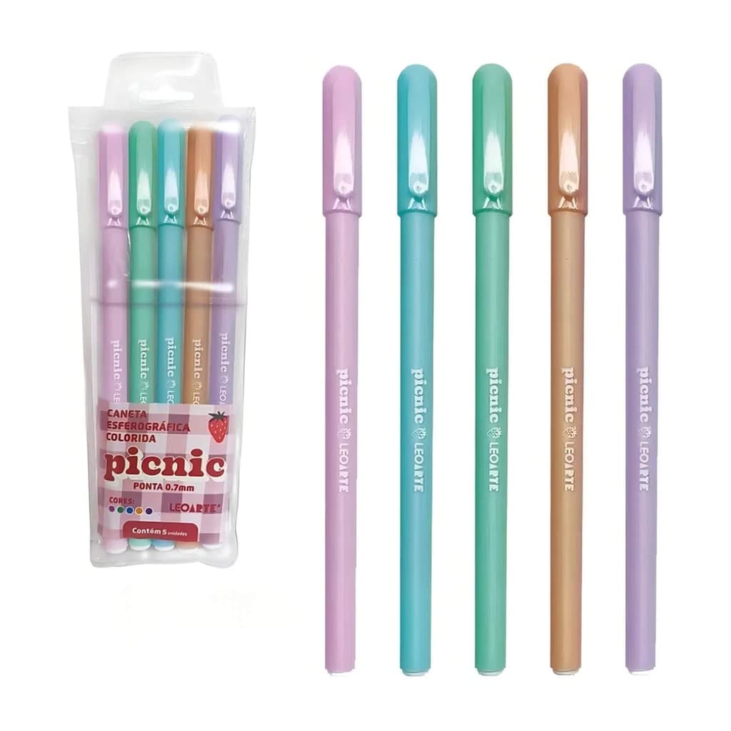 Caneta Esferográfica Picnic 0.7 Colorida - Estojo com 5 Unidades Leoarte Leonora Papelaria Criativa