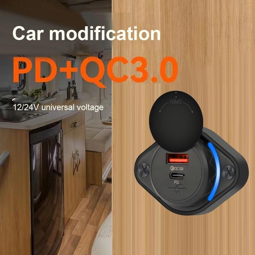 12V/24V RV Carregador USB Rápido PD Tomada Com Tampa À Prova Dwaterproof Água Luz LED Para Carro Ônibus Caminhão Barco A