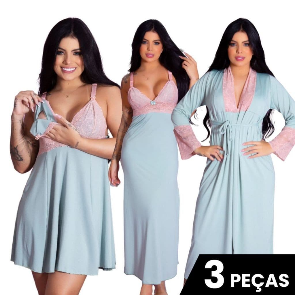 Kit Amamentação – Camisola Curta, Camisola Longa e Robe Longo | Pós Parto Gestante