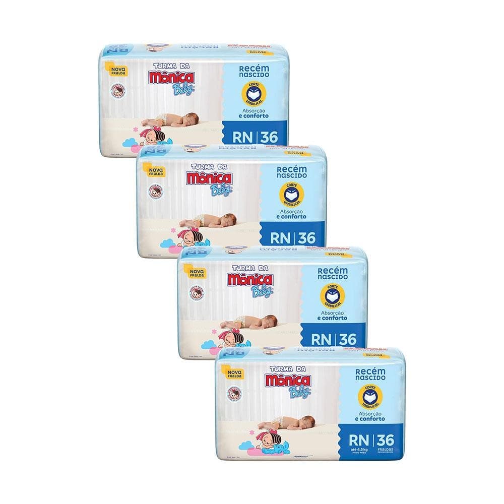 Kit 4 Fraldas Turma da Mônica Baby Jumbo RN com 36un cada
