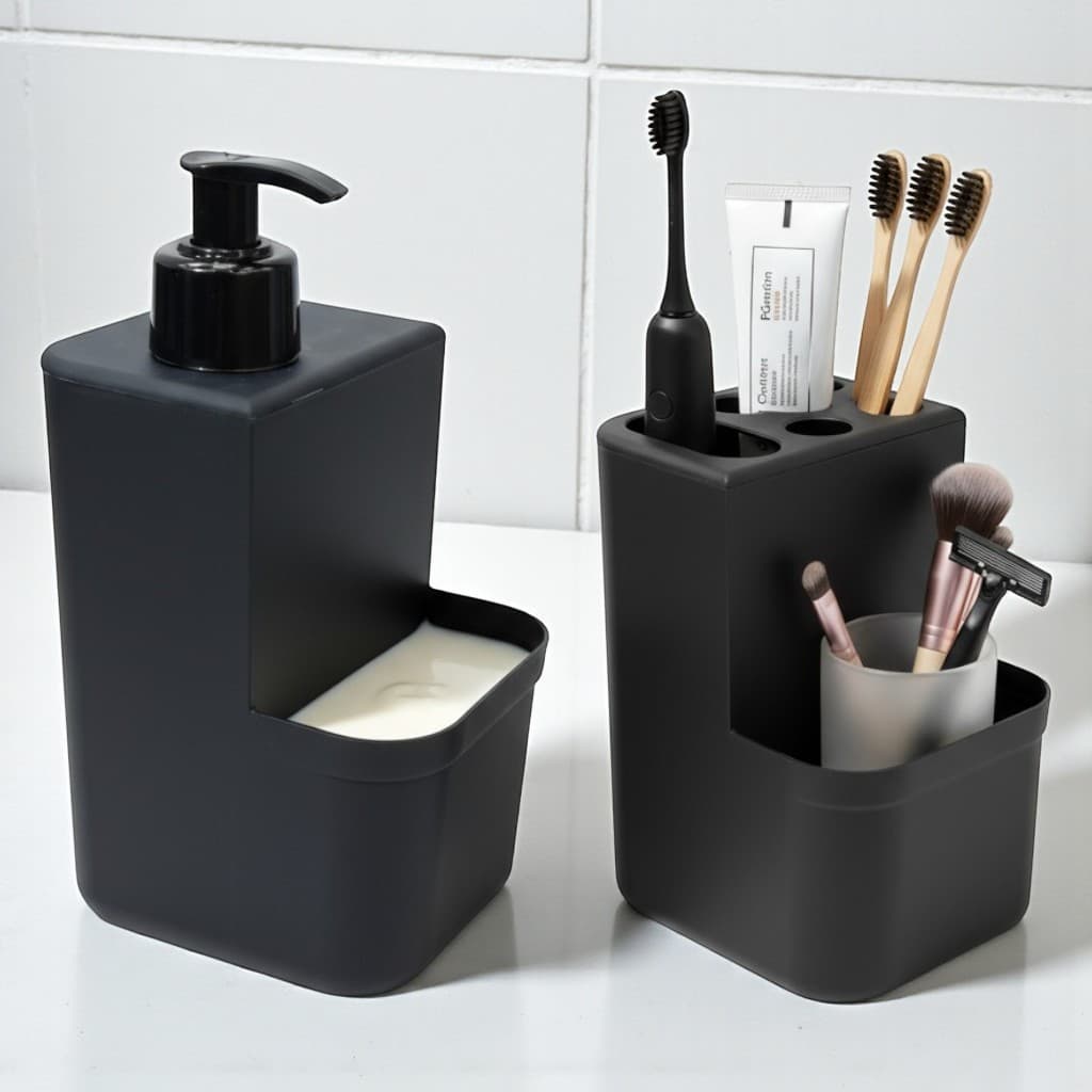 Kit Dispenser de Sabonete Líquido + Porta Escovas de Dentes – Organização e Higiene para Banheiro