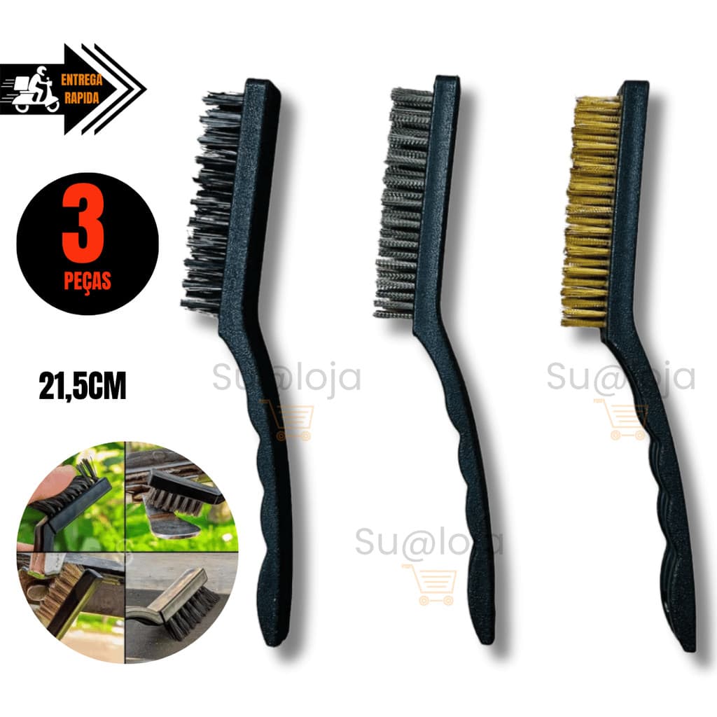 Kit 3 Super Escovas Para Limpeza em Aço Carbono Latão e Nylon  forno grelha fogão Aço Latão 21,5CM