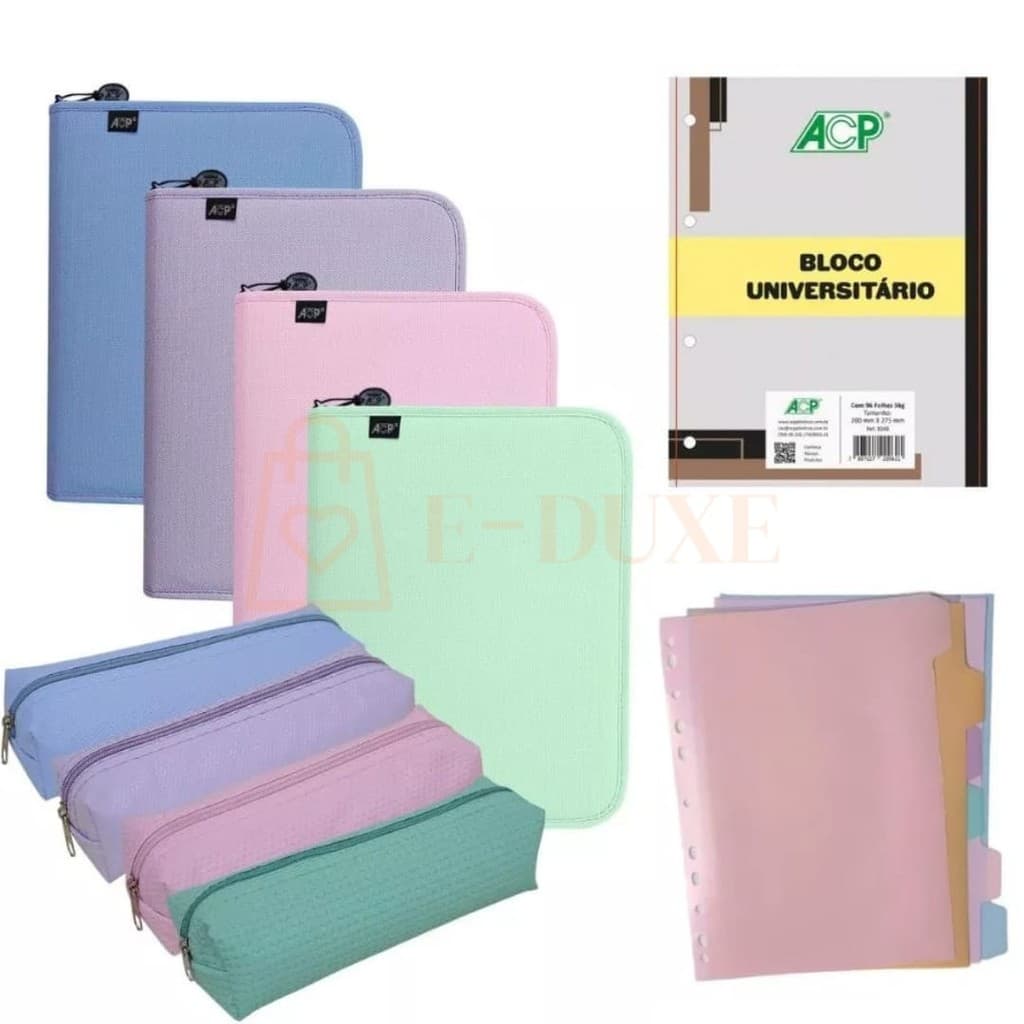 Fichário universitário + Bloco 6 Divisórias e Estojo ACP
