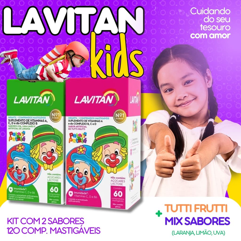 KIT COM 2 SABORES LAVITAN INFANTIL MASTIGAVEL MIX DE SABORES E TUTTI FRUTTI KIDS