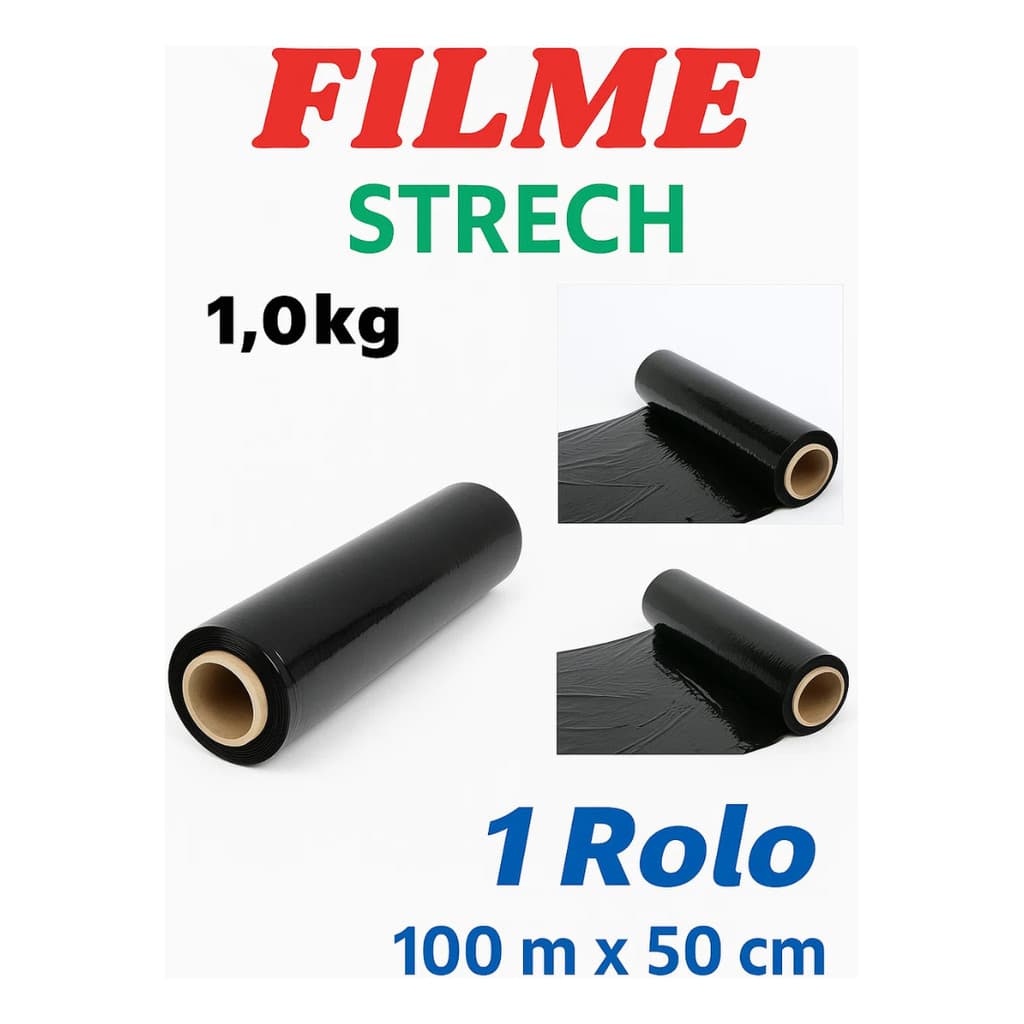 Bobina Filme Stretch Preto 500mm X 25 Micras 1kg Com Tubete