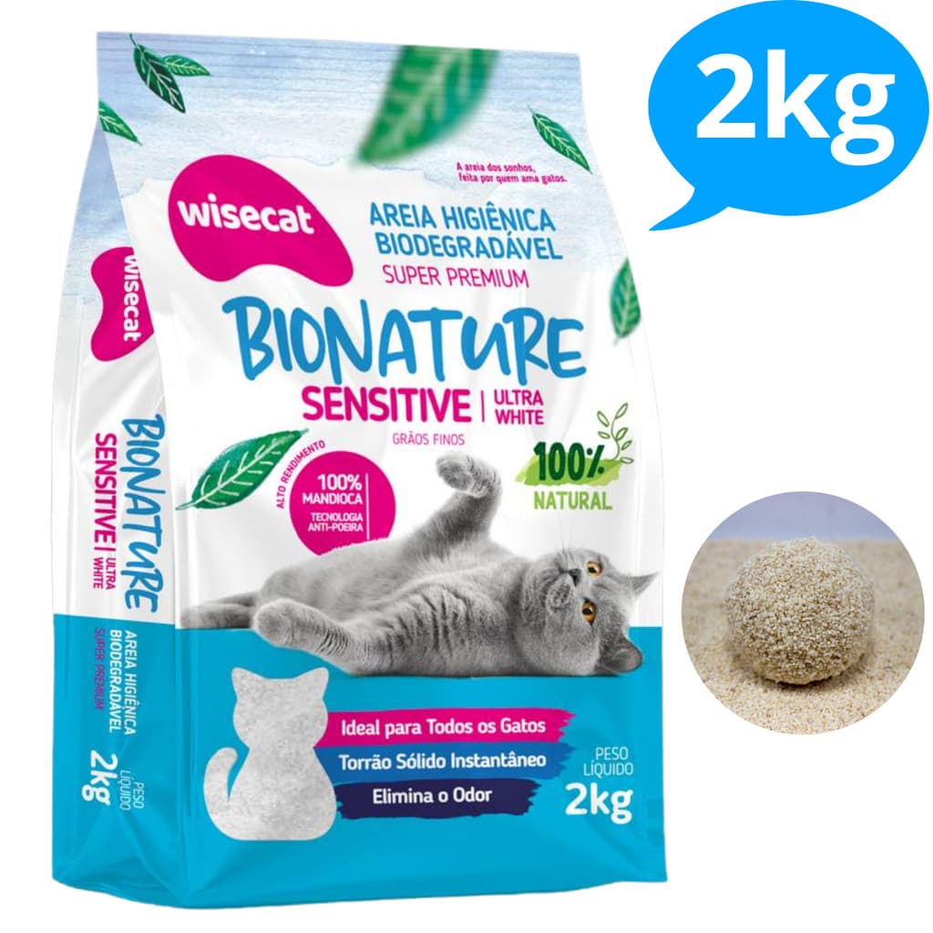 Areia Sanitária De Mandioca Grãos Finos Para Gatos Biodegradável Wisecat 2kg