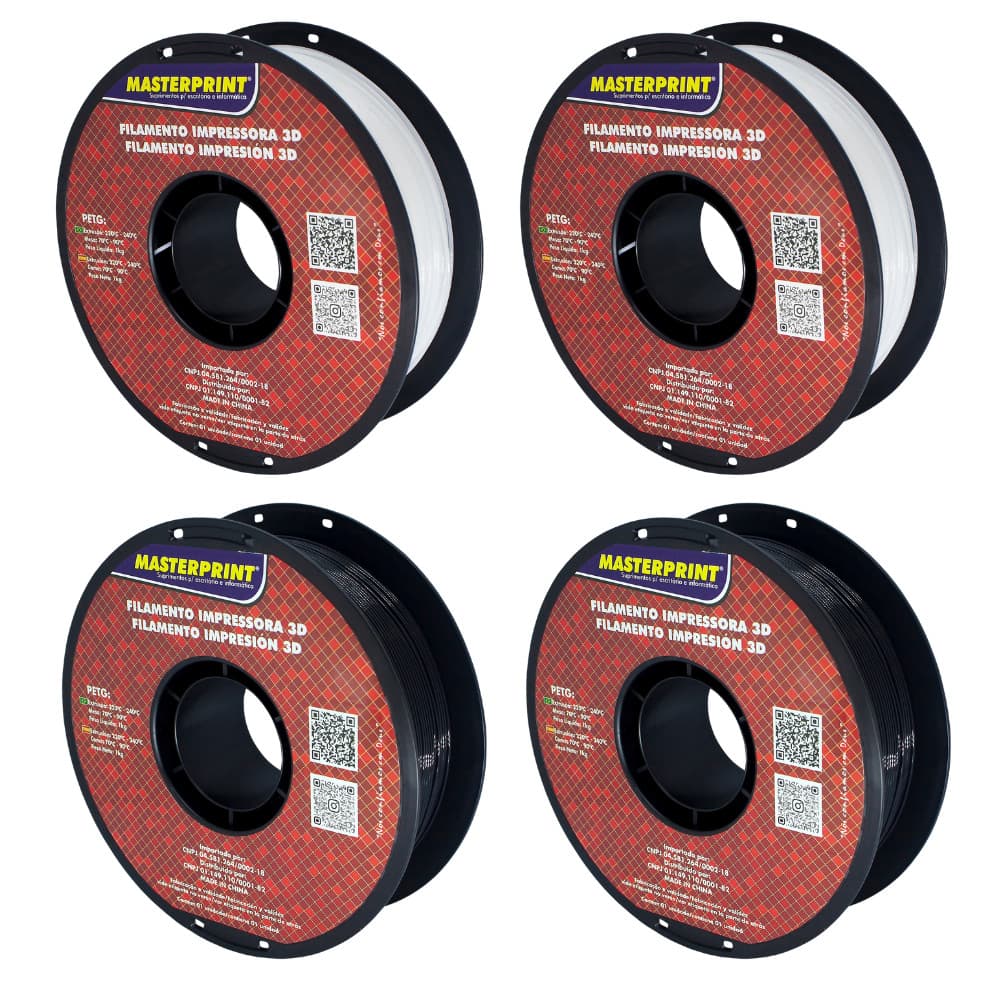 Kit com 4kg de Filamento 3D Masterprint PETG: 2x Preto + 2x Branco