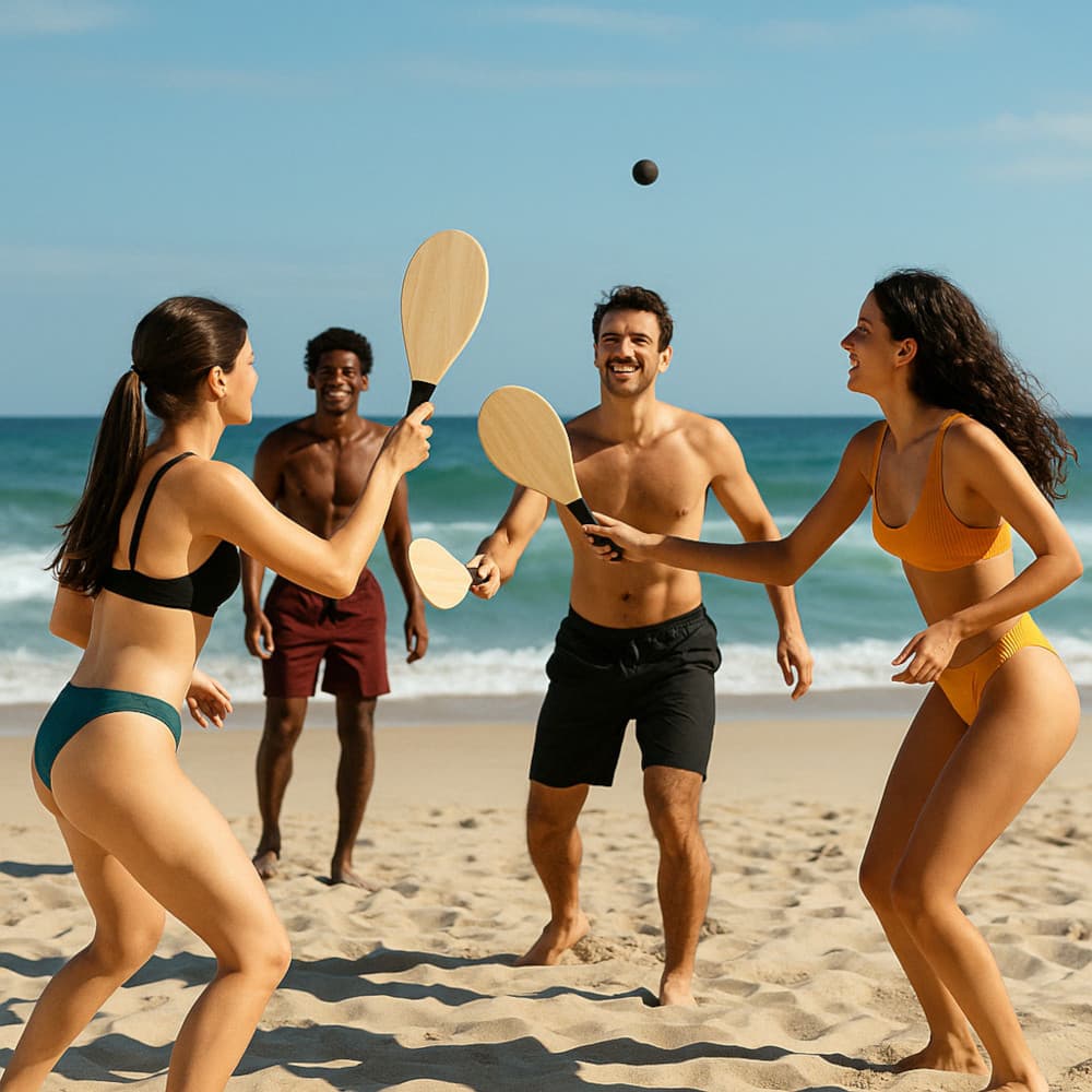 Kit 2 Raquete Madeira Frescobol Praia e 1 Bola Borracha