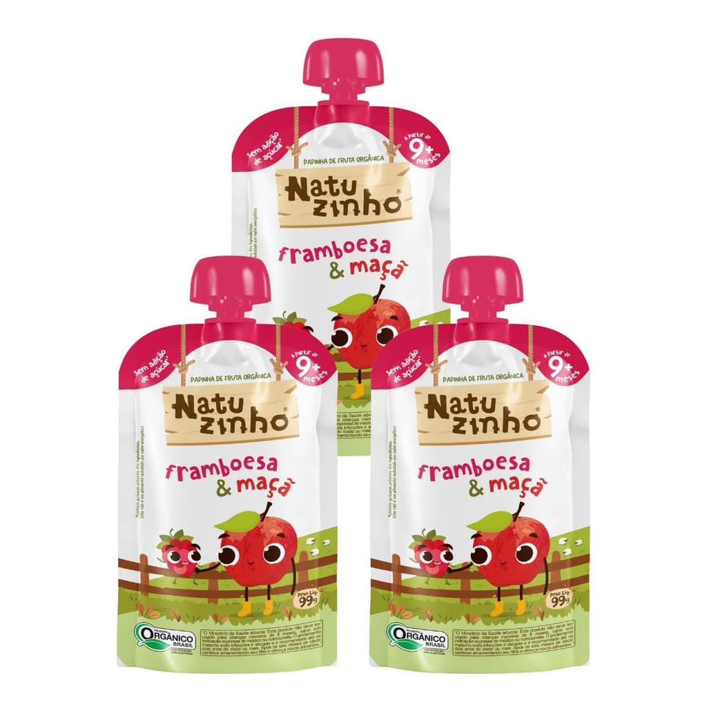 Kit Papinha Organica Natuzinho Framboesa Maça Bebe 3 unid