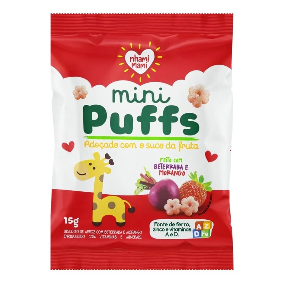 Biscoito Mini Puffs Beterraba E Morango 15g - Nhami Mami