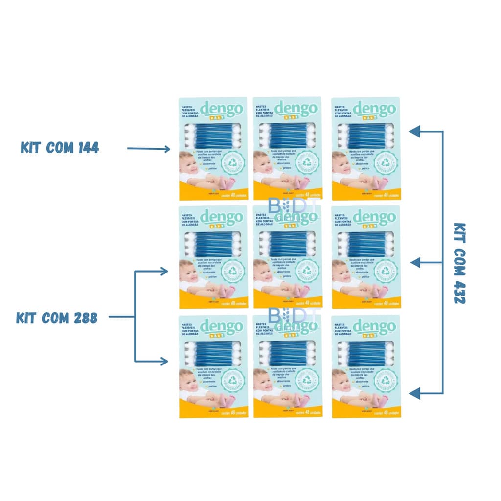 KIT C/ ATÉ 432 HASTES COTONETE FLEXÍVEIS PARA BEBÊ DENGO
