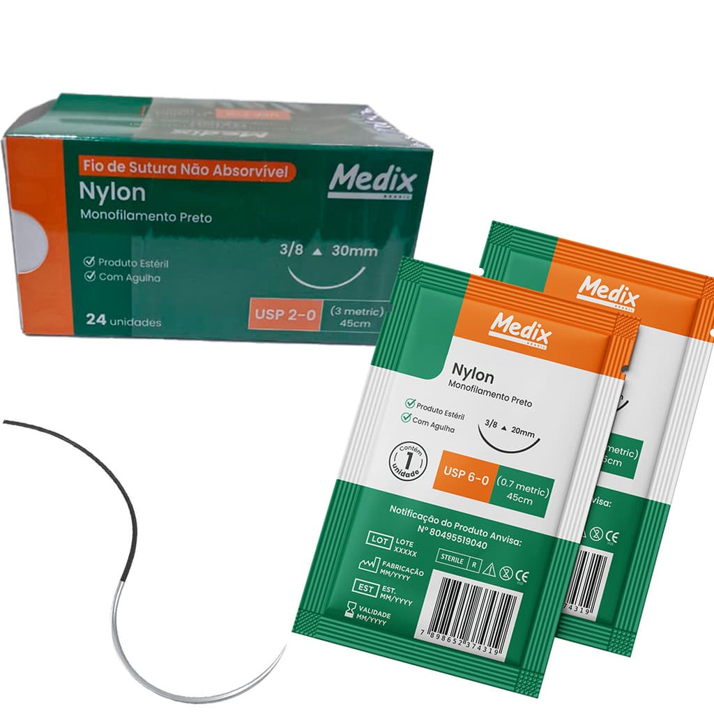 Caixa Fio de Sutura Nylon 2-0 3/8 30mm Agulhado Medix