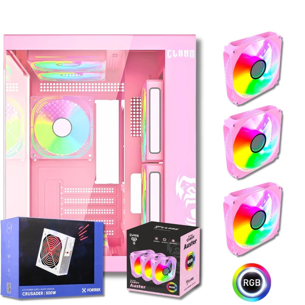 Gabinete Gamer Aquário Com 3 Fans Rgb Clanm Candy Rosa Fonte 500W