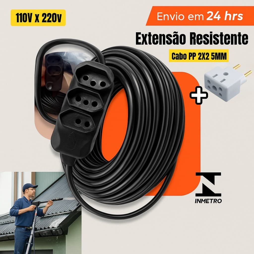 EXTENSÃO ELETRICA DE TOMADA GROSSA+ ADAPTADOR BOB 20A 5-10-15-20-25 METROS 1O/20A CABO PP PROLONGADORA 2x2.5mm