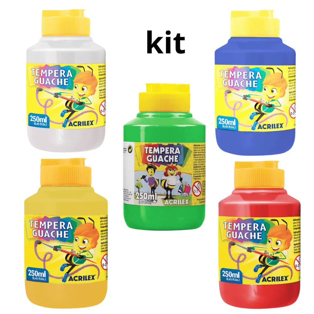 Kit Tinta Guache Acrilex 250ml Verm + Verd  + Azul + Bran + Amar