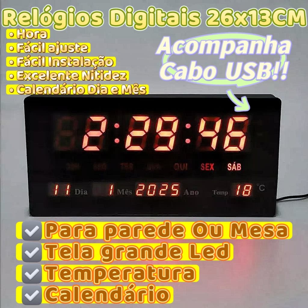 Relógio 26x13CM Relógios Digitais Com Calendário Dia Mês Ano E Temperatura Decorativo De Mesa