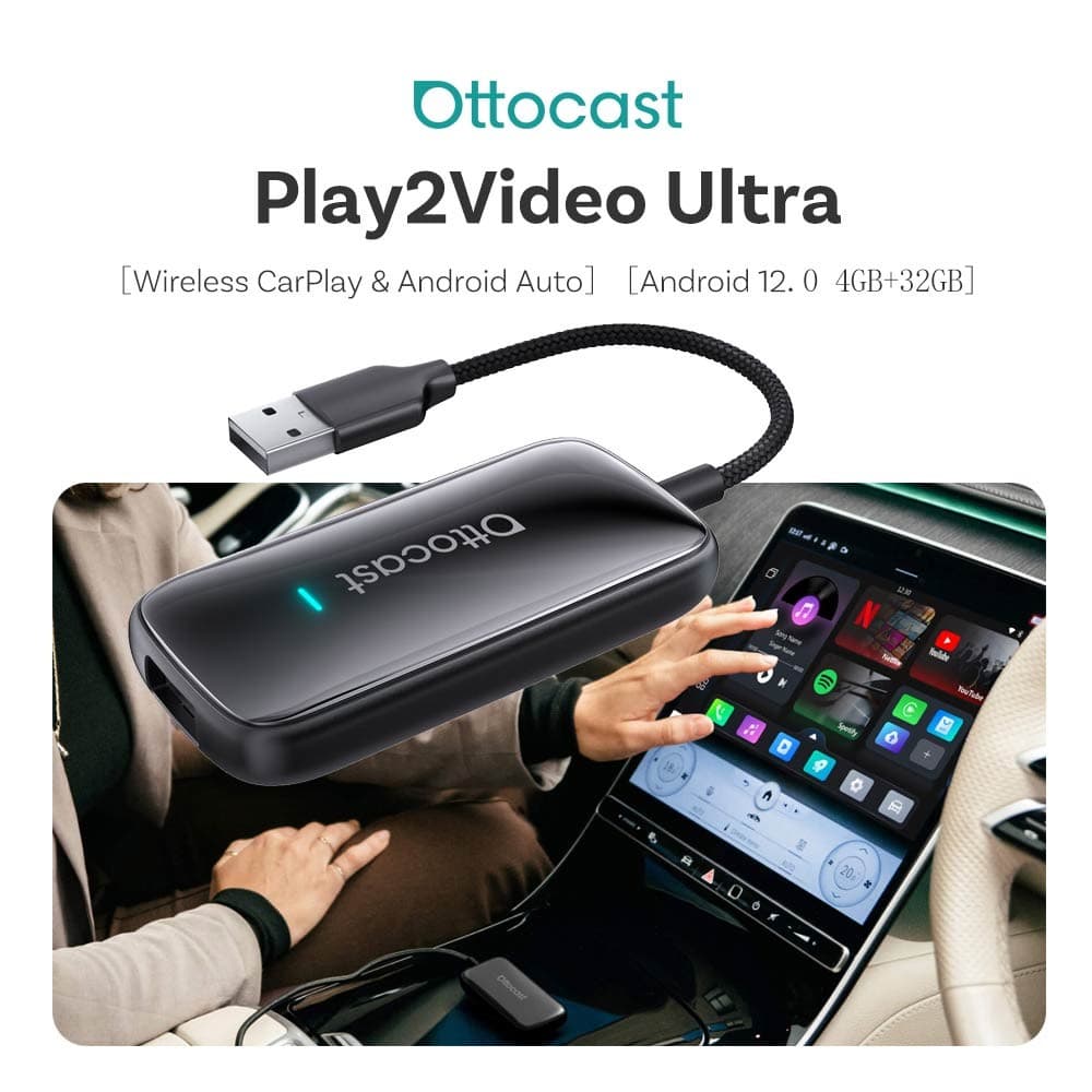 Ottocast Play2Video Ultra Ai Box Adaptador Automático Sem Fio Carplay Android Integrado Youtube Netflix Para Carro Com