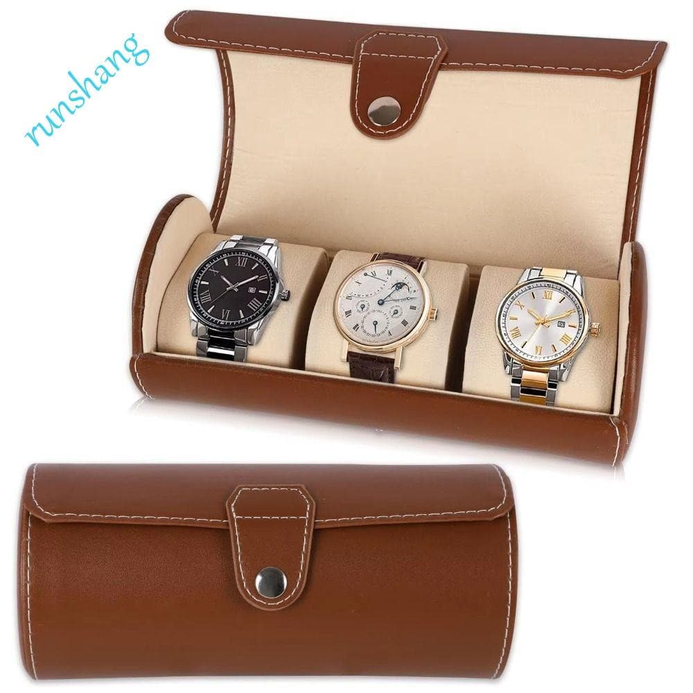 Caixa De Armazenamento De Relógio RUNSHANG , Vitrine Com 3 Slots , Estojo Portátil De Viagem Em Rolo De Couro PU
