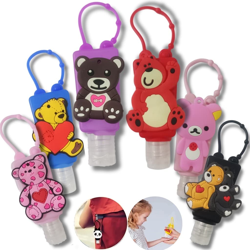 06 Porta Alcool em Gel Frasco Mochila Chaveiro Infantil Kit