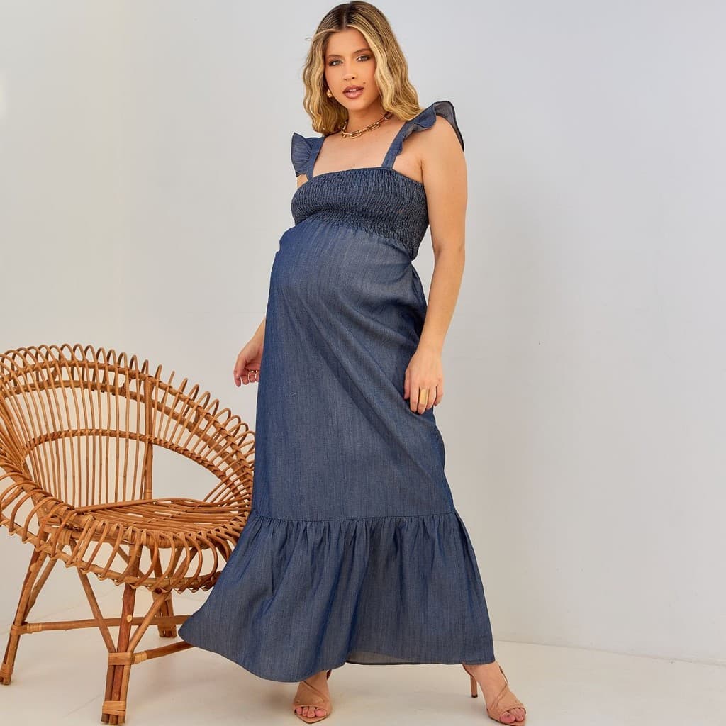 Vestido Longo Alça Gestante Amamentar Elegante Jeans Gravida