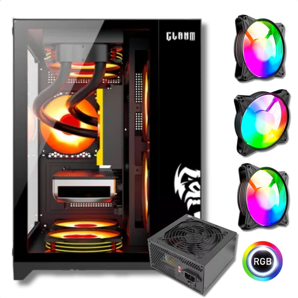 Gabinete Gamer Aquário Com 3 Fans Clanm Grodd Night Fonte 500W Preto