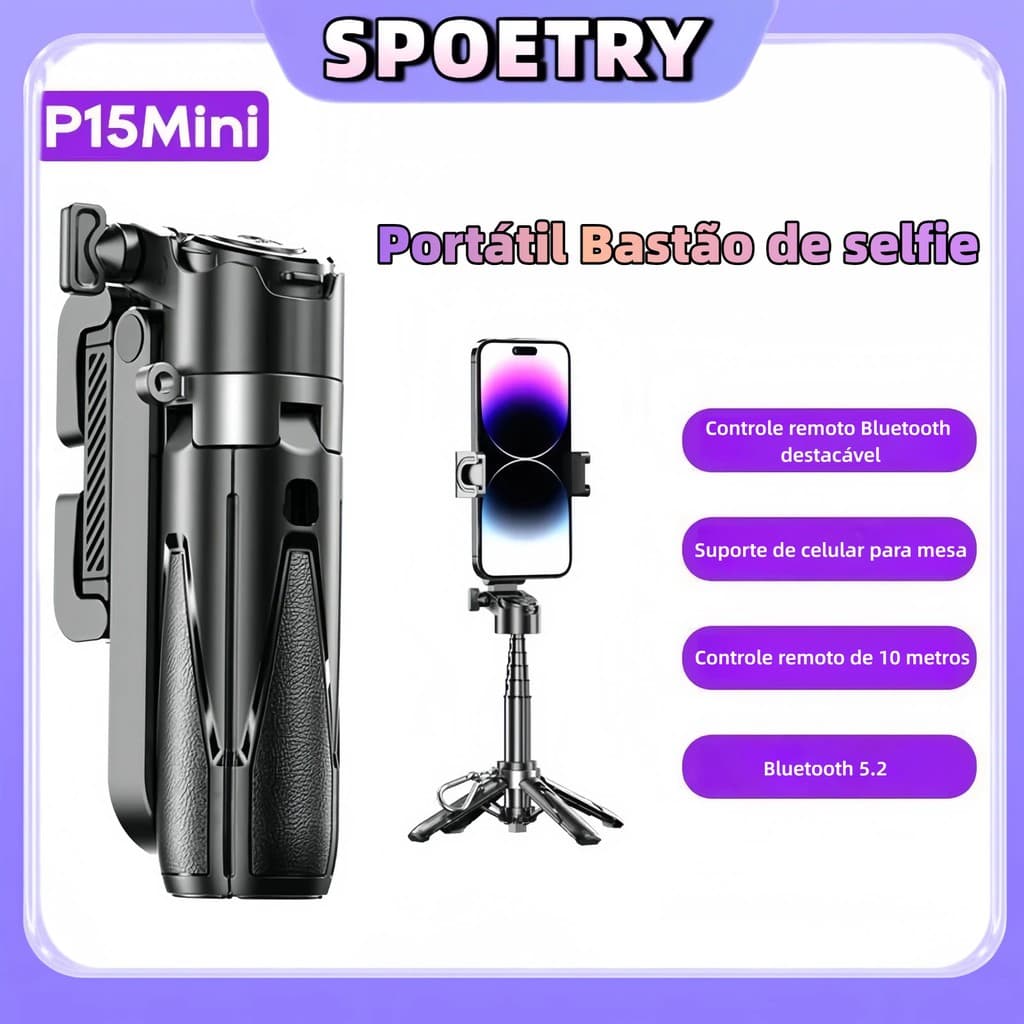 Bastão de selfie de bolso Portátil 4 em 1 Com Tripe e Controle Bluetooth Peining P15-Mini