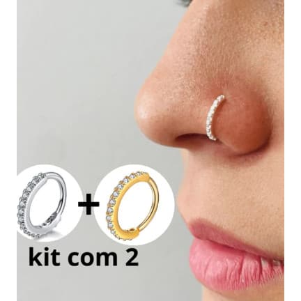 Kit 2 Piercing Nariz Cartilagem Argola Cravejado Strass 8mm/10mm