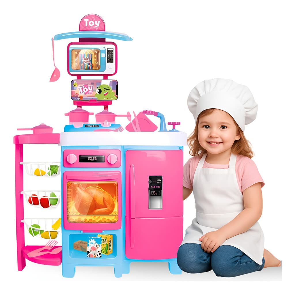 Cozinha Infantil Completa Mega Toy Chef Sai Água E Talheres Rosa