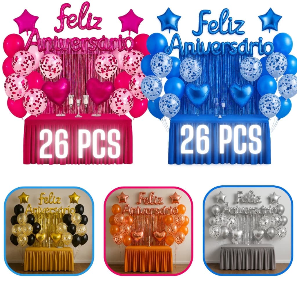 Kit 26 Pcs Balão Feliz Aniversario Cortinas Bexigas Festa Decoração Enfeite Happy Birthday
