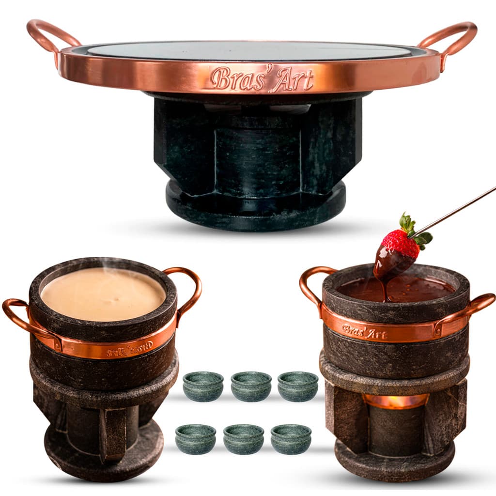 Fondue 37cm + 2 Fondue 500ml pedra sabão + 6 Tigelas de molho