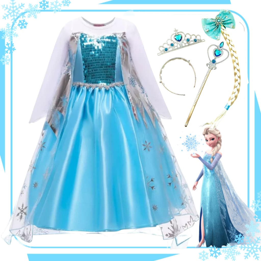 Fantasia Vestido Infantil COSPLAY Elsa Frozen Com Capa E Acessórios Festa Crianças