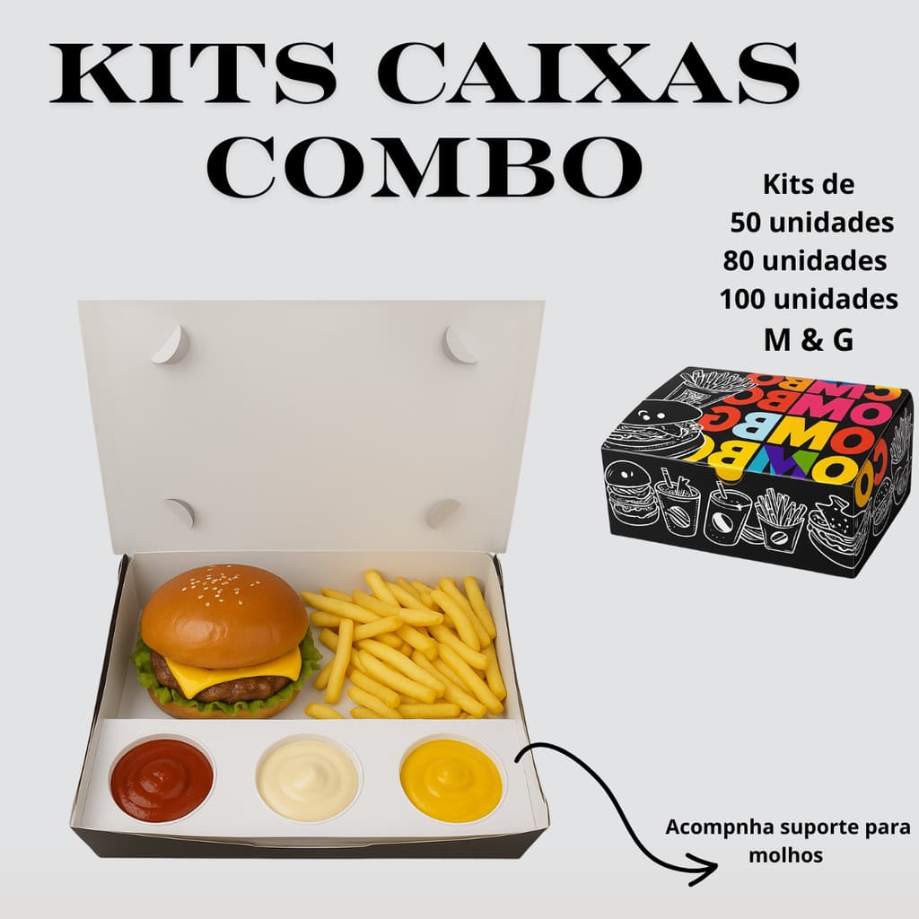 Kit 50 80 100 Caixa para Hamburguer Combo Box Batata Artesanal Delivery Embalagem Personalizada