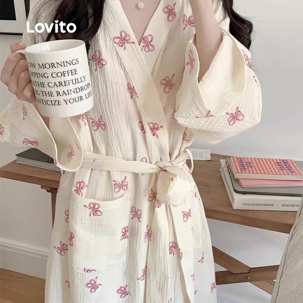 Lovito Moda Coreana Casual Robe Feminino Com Estampa De Borboleta E Laço Floral Estilo Damasco LNE1132X061